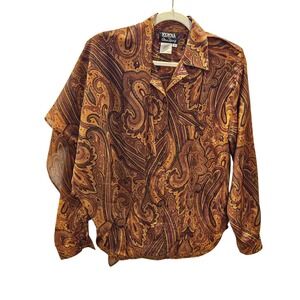 Vtg Edena Pour Le Roy Sz6 Brown Silk Gold Paisley Print Blouse Shirt & Scarf 424